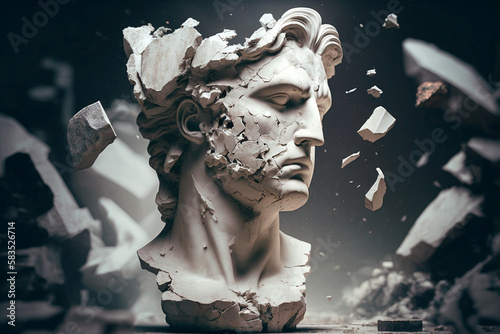 Broken ancient greek statue head falling in pieces. Broken marble sculpture, cracking bust, concept of depression, memory loss, mentality loss or illness. AI generated image.