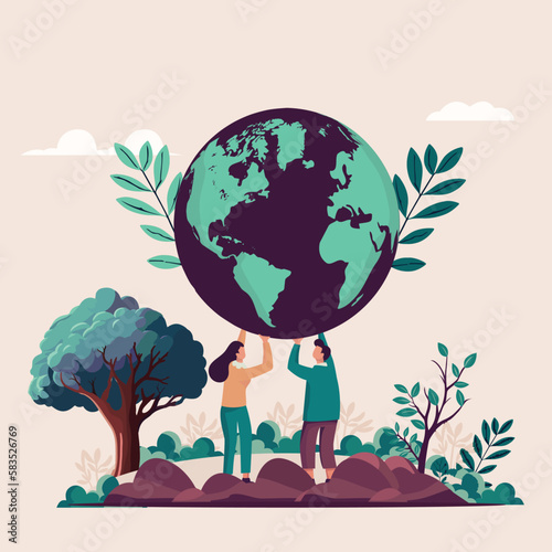 Faceless Young Couple Character Raising Earth Globe From Their Hands On Nature Background.