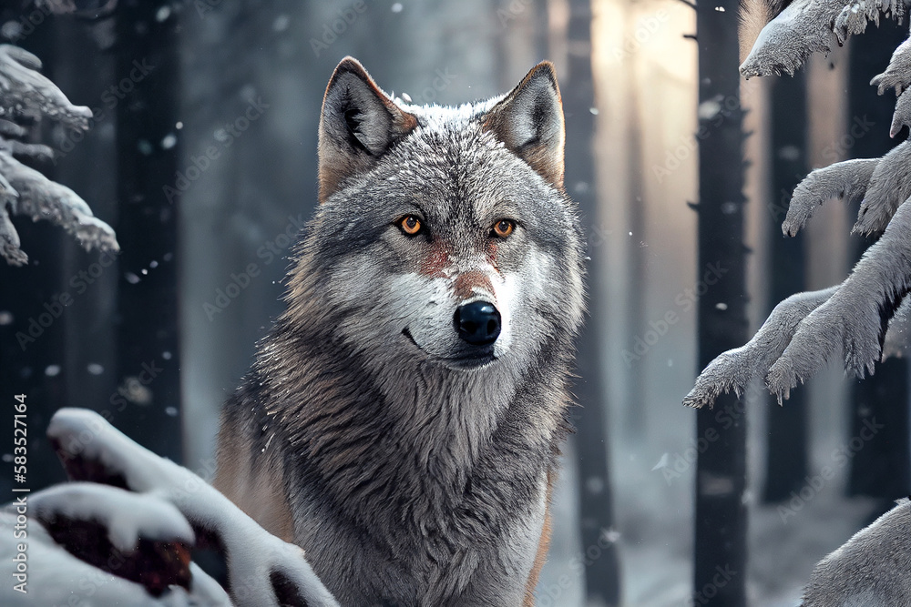 Fototapeta premium A wolf in a winter forest with snow, generative ai illustration