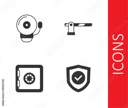 Set Shield with check mark, Ringing alarm bell, Safe and Parking car barrier icon. Vector