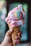 a hand holding an ice-cream cone with colorful icecream in pastel colors, close up - ai generated
