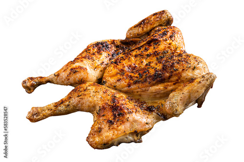 Whole roasted Chicken rotisserie with herbs. Isolated, transparent background.