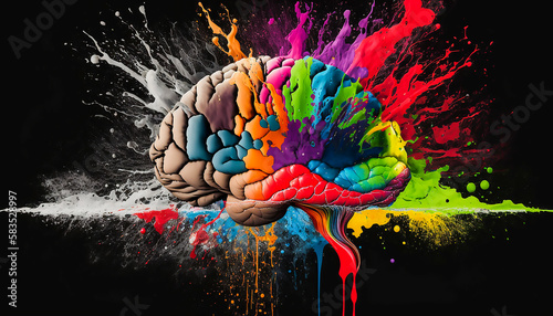 brain bursting out in colorful splashing ink particles of creativity, creative and artist concept, Generative ai