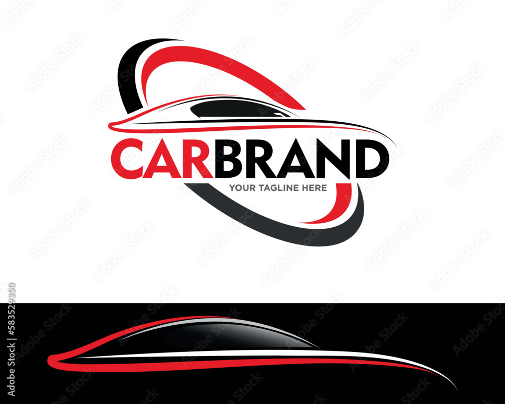 Sport Car Logo Design silhouette in Black and Red with Icon in Black bg
Sport Car Logo Design silhouette in Black and Red with Icon in Black bg