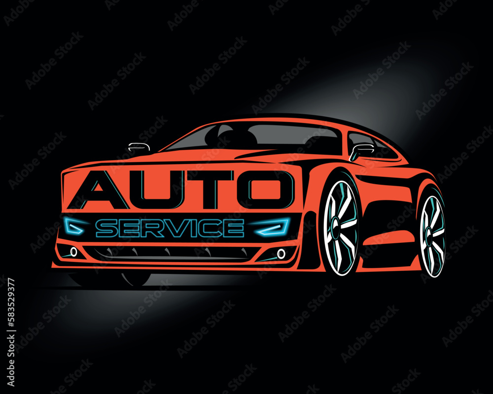 Muscle Car Logo Illustration Auto Service in Black and Red with Neon Blue Headlights
