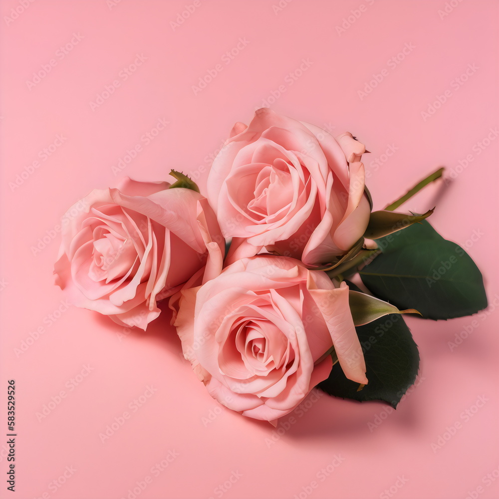 Fototapeta premium three pink roses on pink studio background, made with generative ai