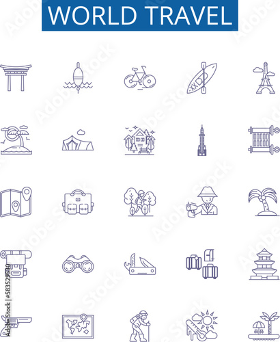 World travel line icons signs set. Design collection of Voyage, Tour, Expedition, Journey, Exploring, Trek, Roam, Sightseeing outline concept vector illustrations