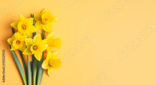 bunch of daffodils in corner with yellow background copy space, made with generative ai