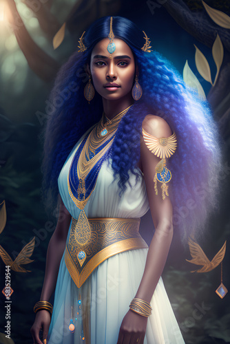 A Beautiful, Celestial Goddess with Indigo Hair Created with Generative AI Technology