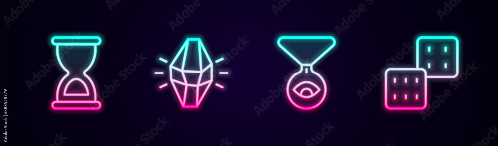 Set line Old hourglass, Magic stone, Medallion chain with eye and Game dice. Glowing neon icon. Vector