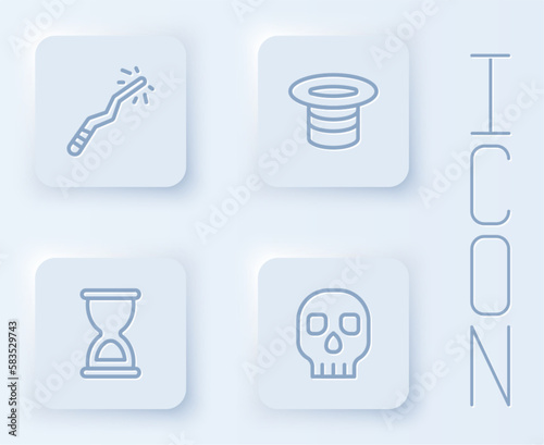 Set line Magic wand, hat, Old hourglass and Skull. White square button. Vector
