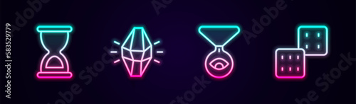 Set line Old hourglass, Magic stone, Medallion chain with eye and Game dice. Glowing neon icon. Vector