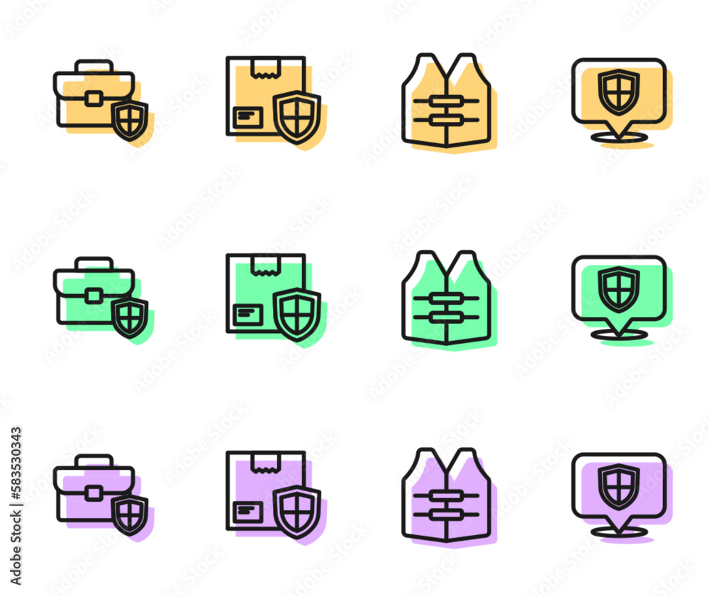 Set line Life jacket, Briefcase with shield, Delivery security and Location icon. Vector Set line Life jacket, Briefcase with shield, Delivery security and Location icon. Vector