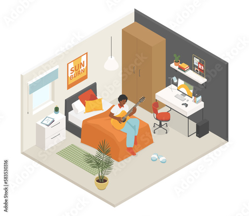Student or teenager room - vector colorful isometric illustration