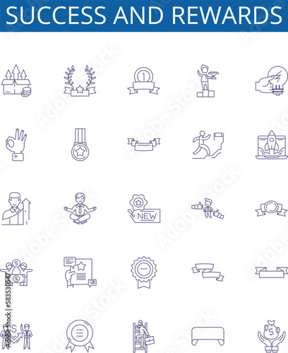 Success and rewards line icons signs set. Design collection of Achievement, Triumph, Honor, Profit, Riches, Gain, Prudence, Merit outline concept vector illustrations