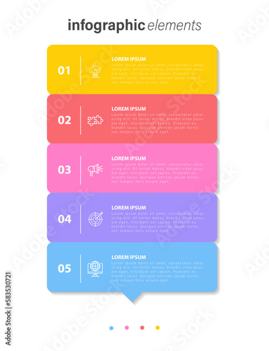 Colorful infographic template with 5 steps. Business circle template with options for brochure, diagram, workflow, timeline, web design. Vector EPS 10