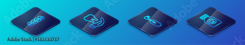 Set Isometric line Electric toothbrush, Teeth with braces, Toothache painkiller tablet and icon. Vector