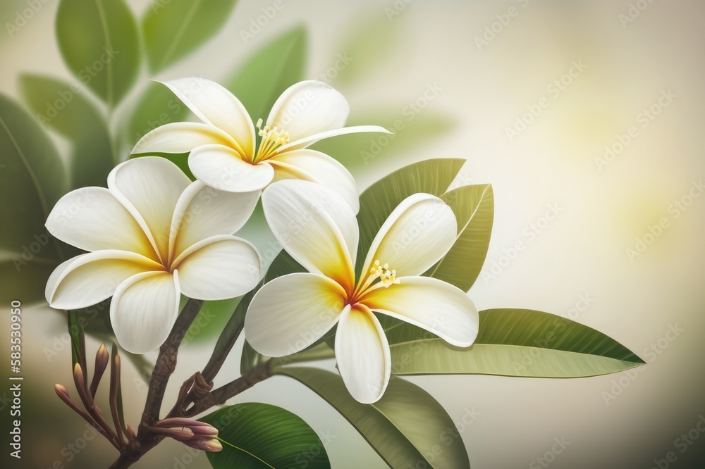 White frangipani flowers. Fragrant blossom, frangipani flowers. Plumeria flower. Tropical flower. With light background. Generative AI