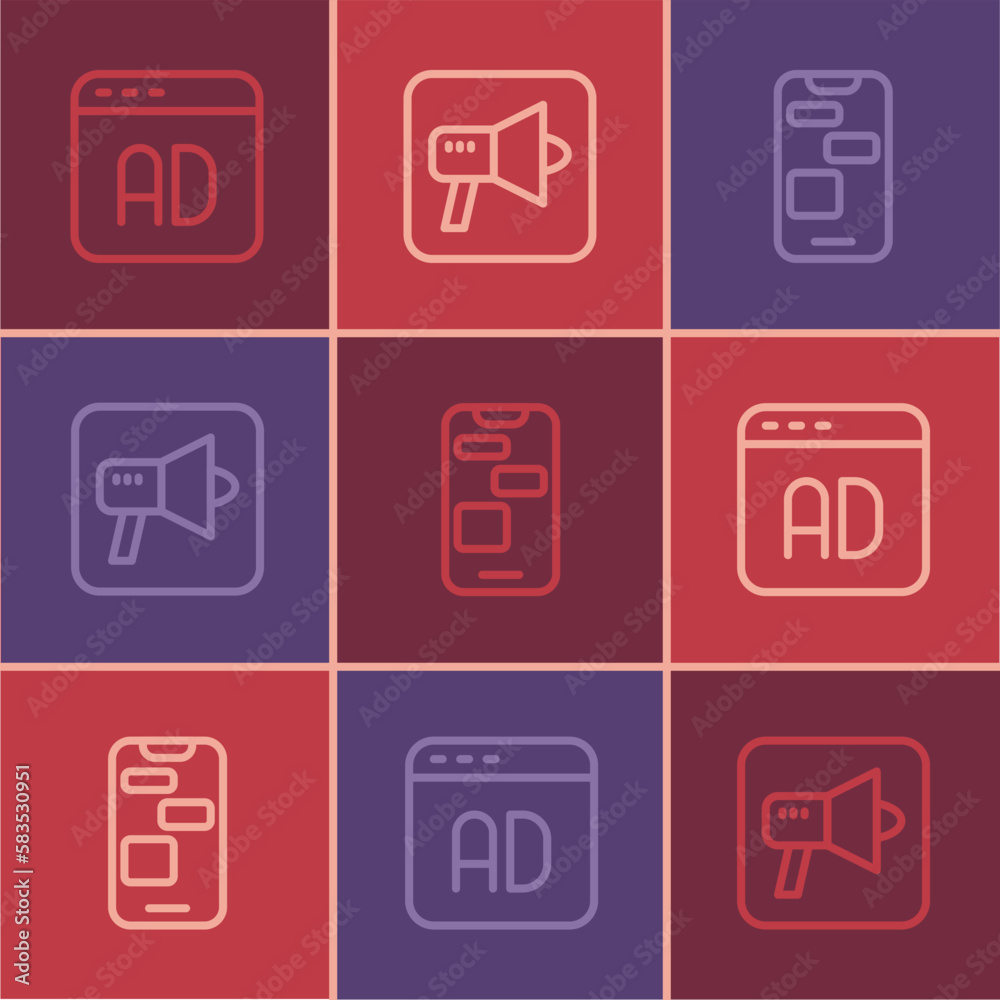 Set line Advertising, Mobile 24 hours support and Megaphone icon. Vector Set line Advertising, Mobile 24 hours support and Megaphone icon. Vector