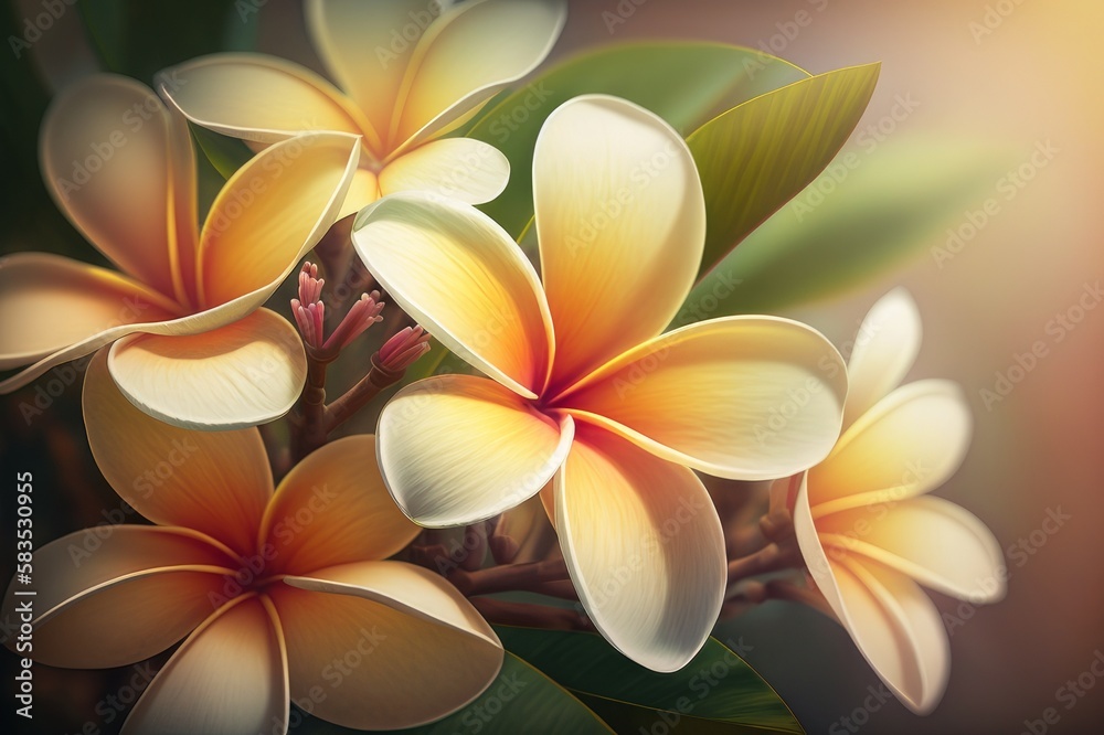 Plumeria frangipani flower. Fragrant blossom, frangipani flowers. Plumeria flower. Tropical flower. With light background. Generative AI
