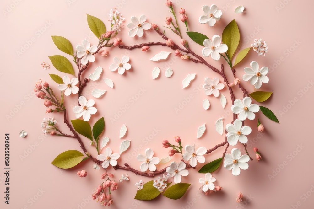 Fototapeta premium Wreath of flowers. Round frame with spring flowers. Flowers on cherry tree branches in form of wreath on pink background. Leaf pattern. Mockupp Generative AI