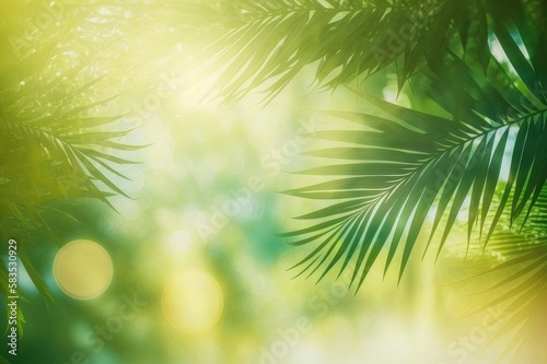 Green palm leaves. Palm tree on the beach. Blur beautiful nature green palm leaf on tropical beach with bokeh  sun light wave. Abstract background Generative AI