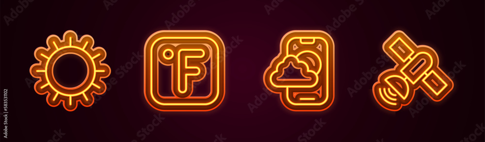 Set line Sun, Fahrenheit, Weather forecast app and Satellite. Glowing neon icon. Vector Set line Sun, Fahrenheit, Weather forecast app and Satellite. Glowing neon icon. Vector