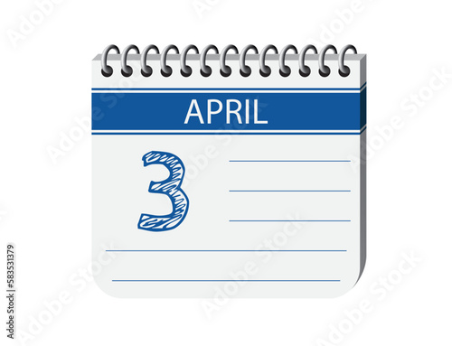 3 april blue notebook calendar page vector. 3d one day calendar date appointment, deadline, event reminder illustration. Abstract three dimensional daily date calendar.
