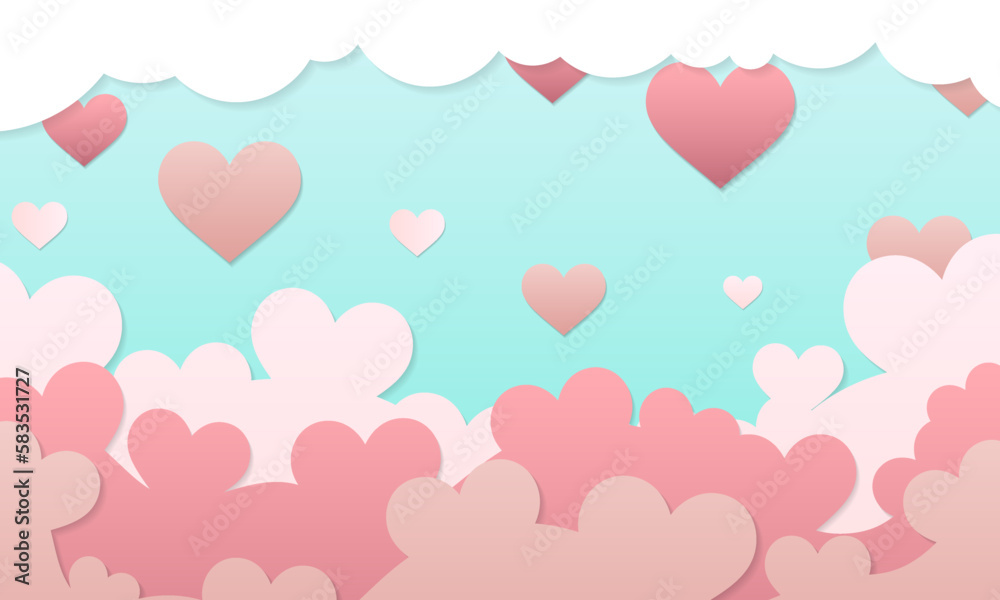 Poster or banner with sky and paper cut clouds.Red, pink and white flying hearts. Vector illustration. Paper cut decorations for Valentine's day border or frame design, Happy Valentine's day sale