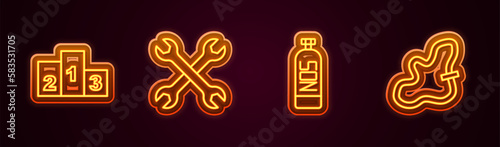 Set line Award over sports winner podium, Wrench spanner, Nitrous oxide and Racing track. Glowing neon icon. Vector