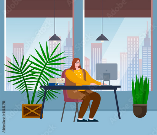 Workplace with computer of young woman working from comfortable office. Employee using laptop for project creation. Brainstorming lady at workspace. Female character during work with technology