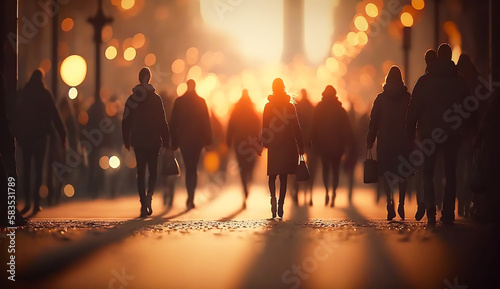 Crowd of people walking in the street with soft bokeh, fast moving in city, Generative ai