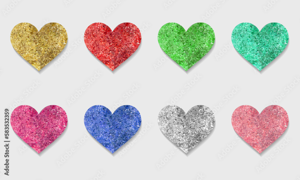 Decorative glitter shiny hearts set. Rose, gold, pink, golden, blue, silver, red, mint glossy sparkles shape. Vector illustration for web, banner, sticker, wedding, Valentines greeting card
