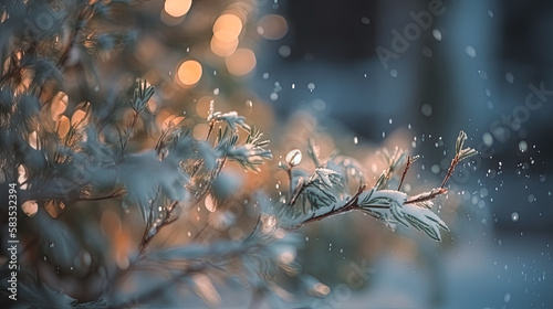 Christmas winter blurred background. Xmas tree with snow decorated with garland lights, holiday festive background. Widescreen backdrop.  © Saulo Collado