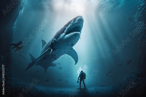big shark and diver in sea Generative AI