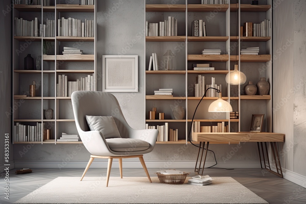 Design of a contemporary room with a gray wall, a chair filled with books, magazines, and a light. Generative AI