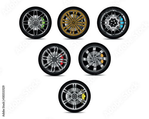 Set of Concept Car wheels Rims Illustration with Sport Disk Brake in Colours Variations
