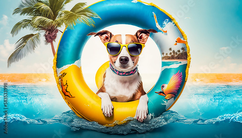dog wearing sun glasses in swim ring on beach with coconut tree and sea, summer trip concept, AI generative © Onchira