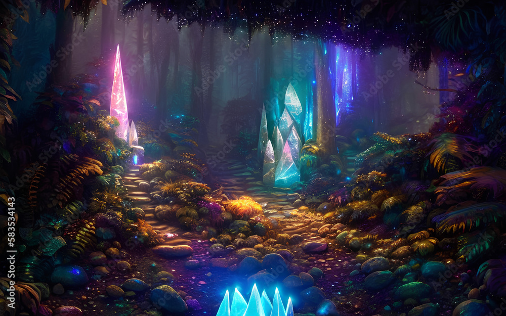 Fantasie Märchenwald mit leuchtenden Kristallen