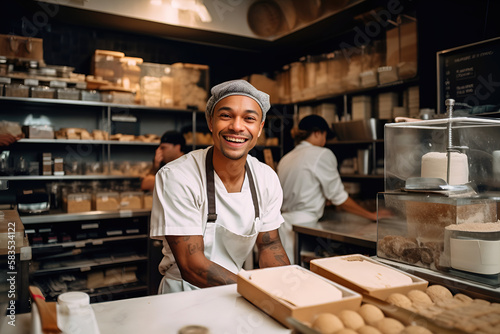 young baker smiling - wearing apron, behind the counter, bread, bakery, happy, generative ai