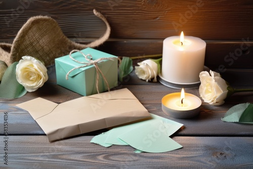 On a white wooden table with lit candles and a green heart, there is an empty note and kraft envelope. Copy area for invitation, greeting, and text. Generative AI