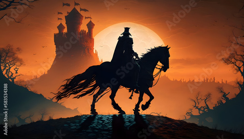 A warrior with a horse near a dark castle. Generative AI © PIRMYN