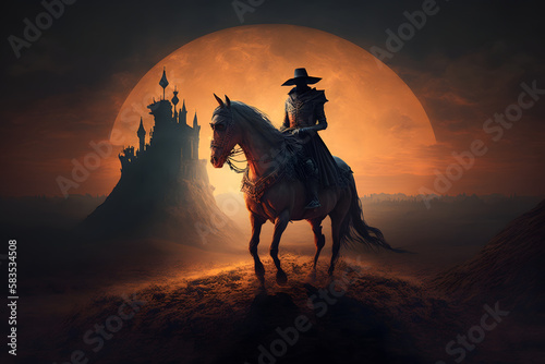 A warrior with a horse near a dark castle. Generative AI