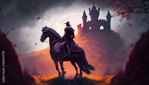 A warrior with a horse near a dark castle. Generative AI