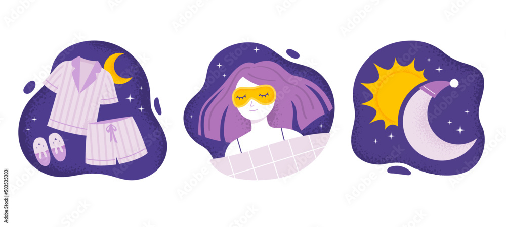 Set of items for better sleep. Comfortable pajamas, face mask, and herbal tea. Relaxation, healthy sleep concepts. Trendy vector flat illustrations.