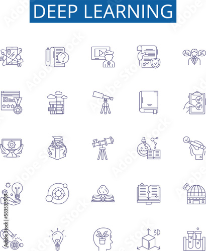 Deep learning line icons signs set. Design collection of Deep learning, Neural networks, Machine learning, Backpropagation, CNN, NLP, AI, Reinforcement learning outline concept vector illustrations photo