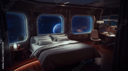 Fototapeta Naklejka Na Ścianę i Meble -  Bedroom in a spaceship, made with generated ai