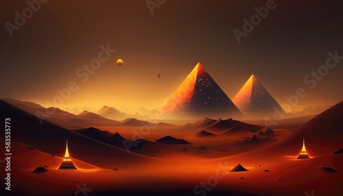 Glowing Pyramids Shine In Orange Desert Haze. Generative AI