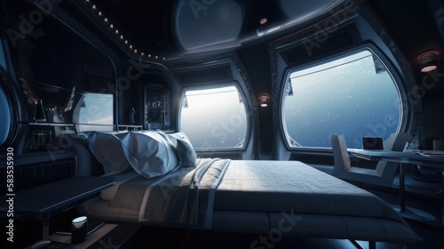 Bedroom with a view at a spacestation, made with generated ai