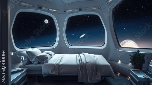 Bedroom with a view at a spacestation, made with generated ai